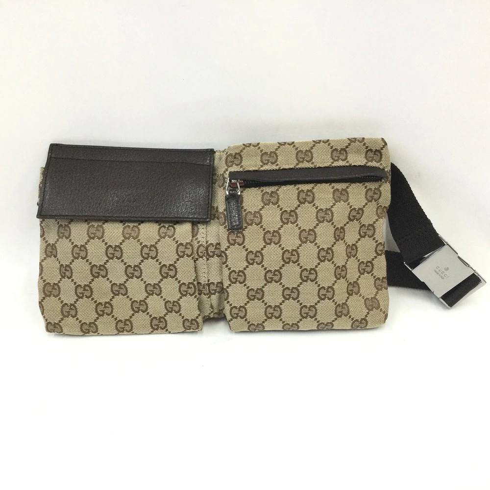 Gucci GG Canvas Waist Bag brown leather trim two pockets